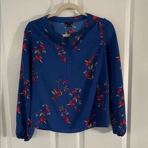 Ann Taylor Floral Blue Blouse with Red Accents